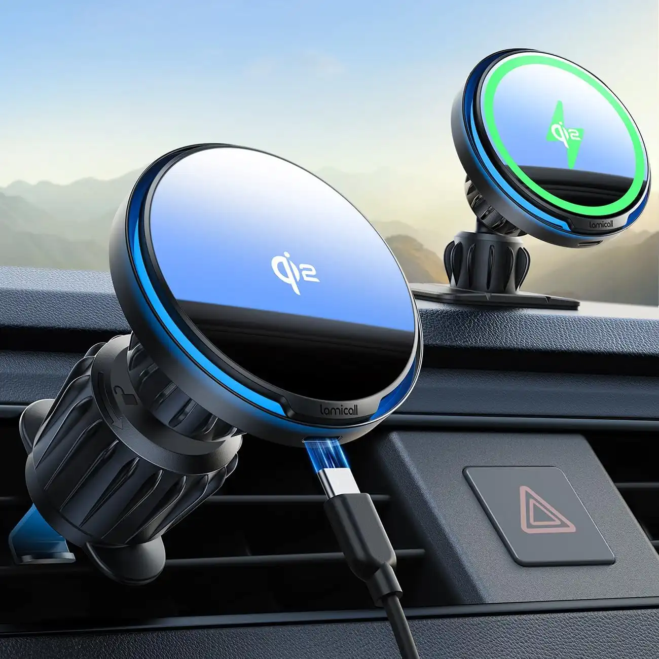Lamicall 15W for QI2 Magsafe Car Mount Charger Vent Dashboard RGB LED 360°